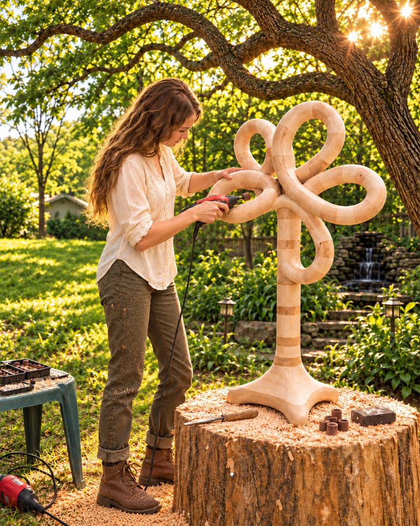 Lauren Lauer shaping a wood sculpture